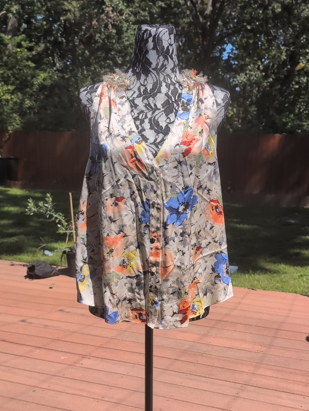 cinq a sept Silk Floral Cold-Shoulder V-Neck Camisole with Blue & Peach Blooms